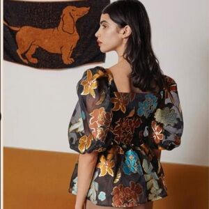 STINE GOYA IRENE ORGANZA JAQUARD FLORAL PUFF SLEEVE BLACK BLUE TOP SIZE XS